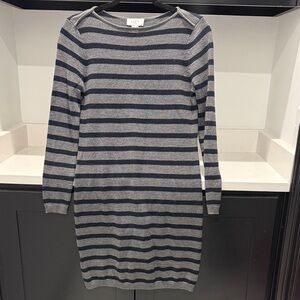 LOFT Gray and Navy Blue Striped Long Sleeve Dress. Size MP